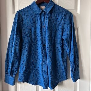 Chico's Blue Button Up Long Sleeve Eyelet Shirt, Meduim